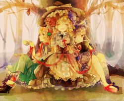 Rule 34 | 3girls, alice margatroid, blonde hair, blue eyes, book, boots, cha goma, cha ichigo, crescent, cup, dress, closed eyes, female focus, flower, hair flower, hair ornament, hat, heart, highres, kirisame marisa, mary janes, multiple girls, open mouth, patchouli knowledge, purple eyes, purple hair, shoes, smile, string, string of fate, teacup, touhou, tree, witch hat