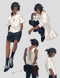 Rule 34 | 1boy, arknights, black footwear, black shorts, chinese commentary, closed mouth, coat, commentary request, cowboy shot, dark-skinned male, dark skin, dated, unworn eyewear, facing away, glasses, grey background, hand on own hip, hands in pockets, highres, holding, holding removed eyewear, id card, lanyard, looking at viewer, multiple views, mumu (leelee mumu), red eyes, shirt, shoes, shorts, simple background, sneakers, squatting, t-shirt, tank top, thorns (arknights), white coat, white shirt