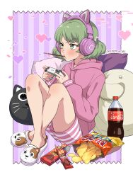 Rule 34 | 1girl, animal ear headphones, animal ears, artist name, blush, bottle, cat ear headphones, chips (food), coca-cola, commentary request, controller, edomon-do, fake animal ears, food, food in mouth, full body, game controller, green eyes, green hair, headphones, heart, highres, holding, holding controller, holding game controller, hood, hoodie, knees up, long sleeves, mochi (mona lisa no zaregoto), mona lisa no zaregoto, mouth hold, pillow, pink hoodie, pink shorts, pocky, pocky in mouth, potato chips, short hair, shorts, sitting, solo, striped clothes, striped shorts, twitter username, wasabi (mona lisa no zaregoto), watermark, white footwear