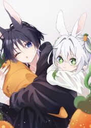 Rule 34 | 1boy, 1girl, alternate costume, animal ears, carrot, commentary request, contemporary, extra ears, eyeshadow, genshin impact, green hair, grey hair, highres, holding, holding carrot, leaning on person, looking at viewer, makeup, multicolored hair, nahida (genshin impact), o3o, one eye closed, pajamas, pointy ears, pomepome1207, purple eyes, purple hair, rabbit ears, red eyeshadow, scaramouche (genshin impact), upper body, wanderer (genshin impact)