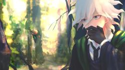 Rule 34 | 1boy, absurdres, ahoge, black cloak, black gloves, black neckwear, blush, cloak, collared shirt, commentary request, covered mouth, covering own mouth, creature, demon tail, demon wings, forest, gloves, green cloak, green eyes, hair between eyes, hand up, heterochromia, highres, hinata hajime, komaeda nagito, long sleeves, looking at another, male focus, nature, necktie, outdoors, red eyes, shirt, short hair, sweatdrop, tail, white hair, white shirt, wings, yellow eyes, zhuo ying