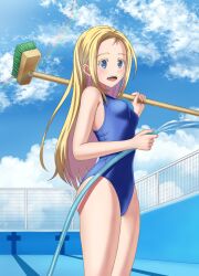 Rule 34 | 1girl, absurdres, blonde hair, blue eyes, blue one-piece swimsuit, blue sky, breasts, chain-link fence, cleaning brush, cloud, competition school swimsuit, cowboy shot, day, empty pool, fence, forehead, highres, hose, kofune ushio, kyouji44288608, long hair, one-piece swimsuit, open mouth, outdoors, pool, school swimsuit, sky, small breasts, solo, summertime render, swimsuit, very long hair, water