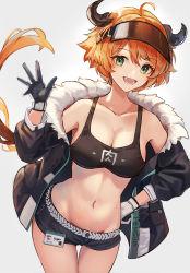 Rule 34 | 1girl, :d, ahoge, arknights, armpits, bare shoulders, black gloves, black jacket, black shorts, breasts, cleavage, collarbone, cowboy shot, croissant (arknights), crop top, ema (kuguiema), floating hair, fur trim, gloves, green eyes, hand on own hip, hand up, horns, id card, jacket, large breasts, long hair, looking at viewer, low ponytail, micro shorts, midriff, navel, off shoulder, open clothes, open jacket, open mouth, orange hair, shorts, simple background, smile, solo, sports bra, stomach, thigh gap, visor cap, white background