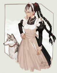 Rule 34 | 1girl, black dress, black hair, braid, dog, dress, hairband, hand on own hip, highres, husky, isshiki (ffmania7), jewelry, juliet sleeves, long hair, long sleeves, looking to the side, maid, maid headdress, multicolored hair, necklace, original, puffy sleeves, serious, solo, spiked hairband, spikes, twin braids, two-tone hair, victorian maid, white hair
