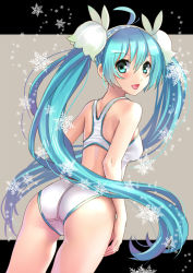 Rule 34 | 1girl, ahoge, ass, back, backless swimsuit, blue eyes, blue hair, blush, competition swimsuit, flower, from behind, hair flower, hair ornament, hairband, hatsune miku, katahira masashi, long hair, looking at viewer, looking back, matching hair/eyes, one-piece swimsuit, open mouth, smile, snowflakes, solo, swimsuit, twintails, very long hair, vocaloid, yuki miku