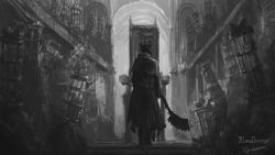 Rule 34 | 1other, ambiguous gender, artist name, bloodborne, cage, capelet, chair, coat, commentary request, copyright name, from behind, greyscale, hat, highres, holding, holding weapon, monochrome, saw, saw cleaver, scenery, solo, standing, tricorne, tripdancer, weapon