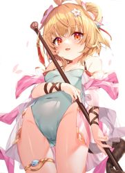 Rule 34 | 1girl, ahoge, andira (granblue fantasy), animal ears, bare shoulders, blonde hair, covered navel, double bun, erune, flower, flower on head, from below, granblue fantasy, hair bun, hair flower, hair ornament, highleg, highleg swimsuit, highres, looking at viewer, monkey ears, monkey girl, monkey tail, open mouth, petals, plant on head, red eyes, short hair, simple background, smile, solo, staff, swimsuit, tail, thigh strap, thighs, tousaki shiina, white background, white flower