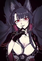 Rule 34 | 1girl, akagi (azur lane), animal ears, azur lane, black background, black gloves, black hair, black kimono, blunt bangs, breasts, cleavage, collarbone, commission, evil smile, eyeliner, fangs, fox ears, fox tail, gloves, hand on own chin, highres, japanese clothes, kimono, kitsune, kyuubi, large breasts, long hair, long sleeves, looking at viewer, multiple tails, open mouth, red eyeliner, red eyes, shaded face, simple background, skeb commission, slit pupils, smile, solo, tail, unknown sakaki, wide sleeves