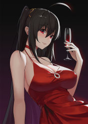 Rule 34 | 1girl, ahoge, alcohol, azur lane, bare shoulders, black hair, blush, breasts, champagne flute, choker, cleavage, cup, dark background, dress, drinking glass, glass, highres, komi (komiking), large breasts, long hair, looking at viewer, official alternate costume, red choker, red dress, red eyes, solo, taihou (azur lane), taihou (forbidden feast) (azur lane), twintails, wine