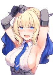Rule 34 | 1girl, armpit focus, armpits, arms up, blonde hair, blue eyes, blush, bob cut, braid, breasts, cai geng, capelet, colorado (kancolle), commentary request, covered erect nipples, elbow gloves, french braid, garrison cap, gloves, hat, kantai collection, large breasts, mini hat, necktie, open mouth, see-through, shirt, short hair, side braid, sideboob, simple background, sleeveless, sleeveless shirt, solo, underbust, upper body, white background