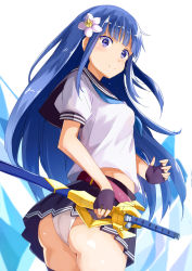 Rule 34 | 1girl, ass, black gloves, blue eyes, blue hair, blue skirt, character request, copyright request, fingerless gloves, flower, gloves, hair flower, hair ornament, katana, looking at viewer, okosan (pixiv), panties, pantyshot, sheath, sheathed, shirt, skirt, smile, solo, standing, sword, underwear, weapon, white panties, white shirt
