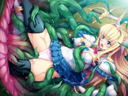 Rule 34 | 1girl, arm support, armor, black gloves, black thighhighs, blonde hair, blue eyes, blue skirt, blush, breasts, cleavage, female focus, fingerless gloves, frills, game cg, gauntlets, gloves, hair ornament, long hair, lusterise, monsters raid, open mouth, panties, pink panties, serika norutoria, skirt, solo, straight hair, sword, tentacles, thighhighs, underwear, weapon, wet, wet clothes, zettai ryouiki