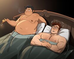 Rule 34 | 2boys, bara, bed, bed sheet, biceps, brown hair, cigarette, fat, fat man, hammond (sensaga), highres, holding, holding cigarette, male focus, manly, matthew (sensaga), mature male, multiple boys, muscular, muscular male, nipples, on bed, original, pectorals, pillow, red hair, sensaga, short hair, simple background, smoke, surprised, thick arms, thick eyebrows, trembling