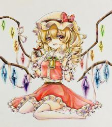 Rule 34 | 1girl, :d, bell, belt, blonde hair, bow, christmas, crystal, flandre scarlet, frilled shirt, frilled skirt, frilled sleeves, frills, gift, green ribbon, hair between eyes, hat, hat ribbon, highres, hisako (6anmbblfnjueeff), medium hair, mistletoe, mob cap, multicolored ribbon, neck bell, no shoes, one side up, open mouth, puffy sleeves, purple eyes, red bow, red ribbon, red skirt, red vest, ribbon, shirt, skirt, smile, solo, teeth, thighhighs, touhou, traditional media, upper teeth only, vest, white background, white hat, white ribbon, white shirt, white thighhighs, wing ribbon, wings, wrist cuffs