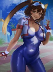 Rule 34 | 1girl, bodysuit, breasts, brown eyes, brown hair, cleavage, covered navel, fingerless gloves, gloves, goggles, goggles on head, highres, jacket, large breasts, legs, looking at viewer, makihara arina, open clothes, open jacket, parted lips, rabbit ears, rabbit girl, short hair, smile, solo, spandex, thighs, toned, waku waku 7