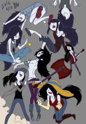 Rule 34 | 1girl, adventure time, alternate costume, alternate hairstyle, ass, axe, back, barefoot, bite mark, black hair, boots, breasts, butt crack, cleavage, colored skin, dressing, elbow gloves, fangs, floating, fumitan (humitan), gloves, grey skin, guitar, hat, head tilt, indian style, instrument, looking at viewer, looking back, marceline abadeer, multiple persona, multiple views, music, playing instrument, pointy ears, sandals, sitting, smile, sun hat, tank top, thong, tongue, tongue out, topless, upside-down, vampire, weapon, yawning