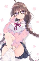 Rule 34 | 1girl, ahoge, ass, black-framed eyewear, black skirt, blush, braid, breasts, brown hair, buttons, cherry blossoms, closed mouth, collarbone, commentary request, convenient leg, drawstring, flower, glasses, hair flower, hair ornament, hairclip, hand up, highres, jacket, knee up, long hair, long sleeves, looking at viewer, low twintails, medium breasts, miniskirt, neck ribbon, off shoulder, original, pantyhose, partially unzipped, pink jacket, plaid, plaid skirt, purple eyes, red ribbon, ribbon, rurudo, sailor collar, school uniform, shirt, sidelocks, skirt, solo, twin braids, twintails, very long hair, white flower, white pantyhose, white sailor collar, white shirt, zipper pull tab