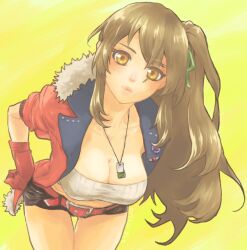 Rule 34 | 1girl, amy (another eden), another eden, belt, black shorts, breasts, brown eyes, brown hair, cleavage, crop top, dog tags, gloves, green ribbon, hair over one eye, hair ribbon, hand on own hip, jacket, large breasts, leaning forward, long hair, looking at viewer, red belt, red gloves, red jacket, ribbon, shirt, short shorts, shorts, side ponytail, sidelocks, sleeves rolled up, solo, white shirt, yamato-y, yellow background