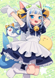 Rule 34 | &gt; &lt;, 1girl, :d, alternate costume, animal hat, arms up, bell, bloop (gawr gura), blue eyes, blue hair, commentary request, cosplay, dejiko, dejiko (cosplay), di gi charat, enmaided, fins, fish tail, gawr gura, gema, hair bell, hair ornament, hat, highres, hololive, hololive english, jingle bell, long hair, looking at viewer, maid, mittens, multicolored hair, neck bell, open mouth, puffy short sleeves, puffy sleeves, shark tail, sharp teeth, short sleeves, smile, solo, streaked hair, tail, teeth, two-tone hair, uchako, virtual youtuber, white hair, white mittens, xd