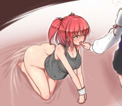 Rule 34 | 2girls, barefoot, bdsm, bondage, bottomless, bound, bound wrists, breasts, cleavage, female focus, hair bobbles, hair ornament, large breasts, multiple girls, onozuka komachi, open mouth, red eyes, red hair, shiki eiki, tank top, tongue, tongue grab, tongue out, totosu, touhou, twintails, two side up, yuri