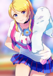 Rule 34 | 10s, 1girl, ayase eli, bad id, bad pixiv id, blonde hair, blue eyes, blurry, blurry background, choker, corsage, hand on own hip, heart, highres, leaning forward, long hair, looking at viewer, love live!, love live! school idol festival, love live! school idol project, merumayu, ponytail, shirt, skirt, smile, solo, t-shirt, towel, vest, ytk (yutta-p)