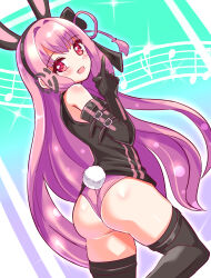 Rule 34 | 1girl, animal ears, ass, bare shoulders, blush, character request, cougar (cougar1404), detached sleeves, elbow gloves, fake animal ears, from behind, gloves, hairband, huge ass, long hair, looking at viewer, open mouth, pink eyes, pink hair, rabbit ears, rabbit tail, shirt, short shorts, shorts, smile, solo, tail, thick thighs, thighhighs, thighs, very long hair, wedgie