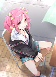 Rule 34 | 1girl, absurdres, achikita chinami, aqua skirt, black jacket, blue skirt, bow, chair, clenched teeth, commentary request, from above, hair bow, highres, jacket, long sleeves, looking at viewer, nijisanji, on chair, pink eyes, school uniform, shirt, sitting, skirt, smile, solo, table, teeth, twintails, utsusumi kio, virtual youtuber, white shirt, yellow bow