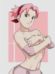 Rule 34 | 1girl, alternate breast size, artist request, breasts, collarbone, covering privates, covering breasts, green eyes, haruno sakura, headband, jpeg artifacts, miniskirt, narrow waist, naruto (series), naruto shippuuden, naughty face, no pants, pink hair, ponytail, skirt, third-party source, topless