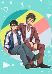 Rule 34 | 2boys, afro, age difference, aged down, aged up, annoyed, aqua background, black footwear, cocked eyebrow, color guide, crossed legs, denim, facial hair, goatee, gold necklace, hands in pockets, jacket, jeans, jewelry, kasuga ichiban, multiple boys, necklace, nug, open clothes, open jacket, pants, red jacket, red pants, ryuu ga gotoku (series), ryuu ga gotoku 7, shirt, shoes, short hair, sitting, timeskip, white shirt, yakuza