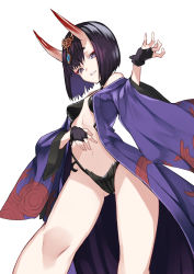 Rule 34 | 1girl, breasts, bridal gauntlets, commentary request, fate/grand order, fate (series), gluteal fold, grin, headpiece, highres, horns, japanese clothes, kimono, long sleeves, looking at viewer, navel, nuqura, off shoulder, oni, open clothes, open kimono, purple eyes, purple hair, purple kimono, revealing clothes, short hair, shuten douji (fate), simple background, skin-covered horns, small breasts, smile, solo, standing, thick eyebrows, white background, wide sleeves