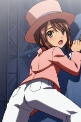 Rule 34 | 1girl, against wall, ass, blush, breasts, brown eyes, brown hair, come hither, coquelicot (sakura taisen), hat, legs, looking at viewer, looking back, open mouth, pants, sakura taisen, sega, small breasts, solo, thighs, white pants