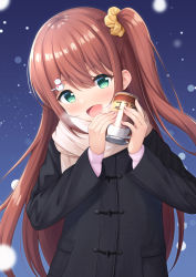 Rule 34 | 1girl, 7fuji 06, :d, aqua eyes, black coat, blue background, blurry, blurry foreground, blush, breath, brown hair, can, coat, coffee, drink, gradient background, hair between eyes, hair ornament, head tilt, highres, holding, holding can, long hair, looking at viewer, one side up, open mouth, original, pink sweater, scarf, scrunchie, smile, snowing, snowman hair ornament, solo, sweater, upper body, yellow scrunchie