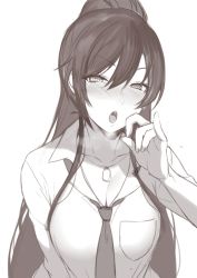 Rule 34 | 1girl, absurdres, black hair, blush, breast pocket, breasts, cleavage, collared shirt, deras, dog tags, fellatio gesture, greyscale, highres, idolmaster, idolmaster cinderella girls, idolmaster shiny colors, jewelry, large breasts, looking at viewer, monochrome, necklace, necktie, pocket, ponytail, school uniform, shirase sakuya, shirt, sidelocks, simple background, solo, upper body, white background