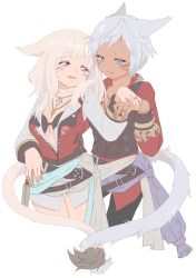 Rule 34 | 10s, 2girls, animal ears, aqua eyes, belt, blouse, blue eyes, blue hair, blush, bra, breasts, canteen, cat ears, cat tail, cleavage, closed mouth, facial mark, fang, final fantasy, final fantasy xiv, holding hands, intertwined tails, jewelry, long hair, miqo&#039;te, multiple girls, necklace, no pants, open clothes, open mouth, open shirt, pants, ring, sash, shirt, short hair, smile, tail, underwear, vest, wagashi (goma dango), warrior of light (ff14), white hair, yuri