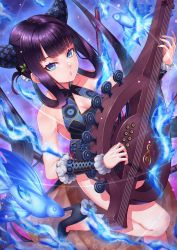 Rule 34 | 1girl, bare shoulders, black dress, blue eyes, blue fire, blunt bangs, breasts, china dress, chinese clothes, cleavage, detached sleeves, dress, fate/grand order, fate (series), fire, fish, flute, hair ornament, high heels, highres, instrument, large breasts, leaf hair ornament, long hair, looking at viewer, music, noro assumed, open mouth, playing instrument, purple hair, short dress, side slit, sidelocks, thighs, twintails, very long hair, yang guifei (fate), yang guifei (second ascension) (fate)