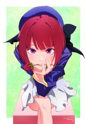 Rule 34 | 1girl, absurdres, arima kana, bob cut, crossed legs, flower, flower in mouth, hand on own face, hat, highres, kumah dessu, looking at viewer, oshi no ko, red eyes, red flower, red hair, red rose, rose, short hair, sitting, skirt, solo, white skirt