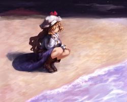 Rule 34 | 1girl, beach, binayu, blonde hair, breasts, female focus, hat, large breasts, long hair, silent sinner in blue, solo, squatting, touhou, watatsuki no toyohime, yellow eyes