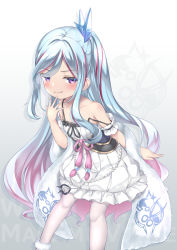 Rule 34 | 1girl, text background, bare shoulders, blue hair, closed mouth, collarbone, commentary request, crystal hair ornament, dress, duel monster, frilled dress, frills, gradient background, grey background, hand to own mouth, hand up, highres, kaguyuu, long hair, multicolored hair, one side up, pantyhose, purple eyes, red hair, rilliona (yu-gi-oh!), smile, solo, strap slip, streaked hair, very long hair, white background, white dress, white pantyhose, witchcrafter madame verre, yu-gi-oh!