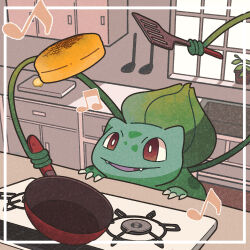 Rule 34 | animal focus, bright pupils, brown eyes, bulbasaur, claws, cooking, creatures (company), cutting board, fangs, food, frying pan, game freak, gen 1 pokemon, highres, holding, holding frying pan, holding spatula, kitchen, musical note, nintendo, no humans, noto (user dajk3722), open mouth, pancake, plant, pokemon, pokemon (creature), potted plant, sink, spatula, stove, vines, white pupils, window