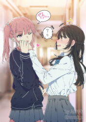 Rule 34 | 2girls, black jacket, blurry, blurry background, blush, brown eyes, brown hair, commentary request, embarrassed, grey skirt, hand on another&#039;s face, heart, highres, holding hands, indoors, jacket, long hair, long sleeves, multiple girls, muromaki, open mouth, original, pink eyes, pink hair, pleated skirt, school, school uniform, shirt, skirt, speech bubble, sweatdrop, tongue, tongue out, track jacket, translated, twintails, white shirt, yuri