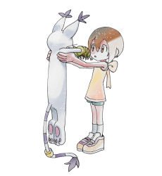 Rule 34 | 1girl, 1other, :o, animal, bare arms, bare shoulders, brown eyes, brown hair, cat, child, claws, confused, digimon, digimon (creature), digimon adventure, gloves, highres, holding, holding animal, long tail, longcat (meme), looking at another, meme, pastel colors, shirt, short hair, shorts, sketch, sleeveless, sleeveless shirt, socks, striped clothes, striped gloves, striped tail, surprised, tail, tail ornament, tail ring, tailmon, tantanmen, yagami hikari, yellow shirt