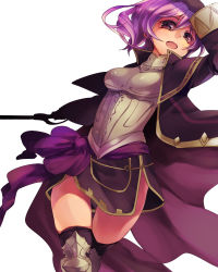 Rule 34 | 1girl, alternate costume, armor, armored dress, black thighhighs, breastplate, brown eyes, fire emblem, fire emblem: new mystery of the emblem, fire emblem awakening, gloves, greaves, katarina (fire emblem), long coat, looking at viewer, mg kurino, nintendo, open mouth, purple hair, sash, simple background, skindentation, smile, solo, sword, thighhighs, weapon, white background