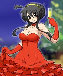 Rule 34 | 1girl, ahoge, alternate costume, arm up, bare shoulders, black eyes, black hair, blurry, blush, breasts, choker, cleavage, closed mouth, collarbone, commentary request, covered navel, cup, depth of field, dress, elbow gloves, gloves, hairband, highres, holding, holding cup, long hair, looking at viewer, medium breasts, ninoita rina, original, pixiv wrestling association, red choker, red dress, red gloves, sakasa gurasan, smile, solo, standing, yellow hairband