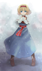 Rule 34 | 1girl, alice margatroid, blonde hair, blue dress, blue eyes, blush, book, boots, bow, bowtie, brown footwear, capelet, closed mouth, colored eyelashes, colorized, commentary request, cross-laced footwear, dress, expressionless, frilled hairband, frilled sash, frills, full body, hair intakes, hairband, highres, holding, holding book, looking at viewer, masu shu, modama, red bow, red bowtie, red hairband, red sash, sash, short hair, snowing, solo, standing, touhou, white capelet