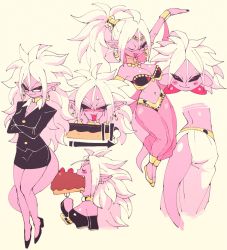 Rule 34 | 1girl, :d, ;d, android 21, arabian clothes, armlet, black sclera, blush, bracelet, breasts, cake, closed mouth, clothing cutout, colored sclera, colored skin, dragon ball, dragon ball fighterz, drooling, eating, food, formal, fruit, glasses, gold, harem outfit, highres, inkerton-kun, jewelry, kirby, kirby (series), majin android 21, mouth veil, multiple views, navel, nintendo, office lady, one eye closed, open mouth, pants, pink skin, pointy ears, skirt, skirt suit, smile, strawberry, suit, tail, tail through clothes, veil, white hair, white pants