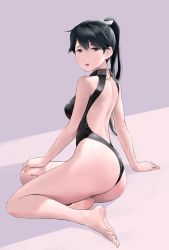 Rule 34 | 1girl, bare arms, bare legs, bare shoulders, barefoot, black eyes, black hair, black one-piece swimsuit, full body, hair between eyes, highres, houshou (kancolle), kantai collection, long hair, one-piece swimsuit, open mouth, ponytail, smile, solo, swimsuit, wa (genryusui)