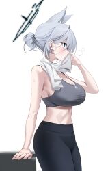 Rule 34 | 1girl, alternate costume, animal ear fluff, animal ears, arm support, armpits, bare arms, bare shoulders, black halo, black pants, blue archive, blue eyes, breasts, broken halo, cleavage, cowboy shot, extra ears, from side, grey hair, grey sports bra, hair bun, halo, highres, large breasts, leaning on table, looking ahead, midriff, nagul, pants, shiroko (blue archive), shiroko terror (blue archive), sideways mouth, simple background, solo, sports bra, sweat, towel, towel around neck, white background, white towel, wiping sweat, wolf ears, yoga pants