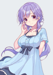 Rule 34 | 1girl, blue dress, bow, bowtie, breasts, commentary request, dress, grey background, hair ribbon, large breasts, long hair, looking at viewer, low-tied long hair, mitsuyo (mituyo324), mizuori shizuku, purple eyes, purple hair, ribbon, short sleeves, simple background, smile, solo, summer pockets, white ribbon