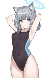 Rule 34 | 1girl, absurdres, animal ear fluff, animal ears, arms behind head, black one-piece swimsuit, blue archive, blue eyes, breasts, commentary request, competition swimsuit, covered navel, cowboy shot, cross hair ornament, extra ears, grey hair, hair ornament, halo, highres, looking at viewer, low ponytail, medium breasts, medium hair, mismatched pupils, multicolored clothes, multicolored swimsuit, nagisa (cxcx5235), official alternate costume, one-piece swimsuit, shiroko (blue archive), shiroko (swimsuit) (blue archive), simple background, solo, standing, swimsuit, white background, wolf ears