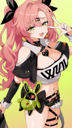 Rule 34 | 1girl, :d, absurdres, awe (adorableduckyy), bare shoulders, black ribbon, black shorts, breasts, cleavage, clothing cutout, commentary request, cowboy shot, cutoffs, gradient background, green background, green eyes, hair ribbon, hand up, highres, large breasts, long hair, long sleeves, looking at viewer, micro shorts, midriff, navel, nicole demara, open fly, open mouth, pink hair, ribbon, shorts, shoulder cutout, smile, solo, standing, stomach, strapless, thighs, tube top, two side up, very long hair, w, zenless zone zero